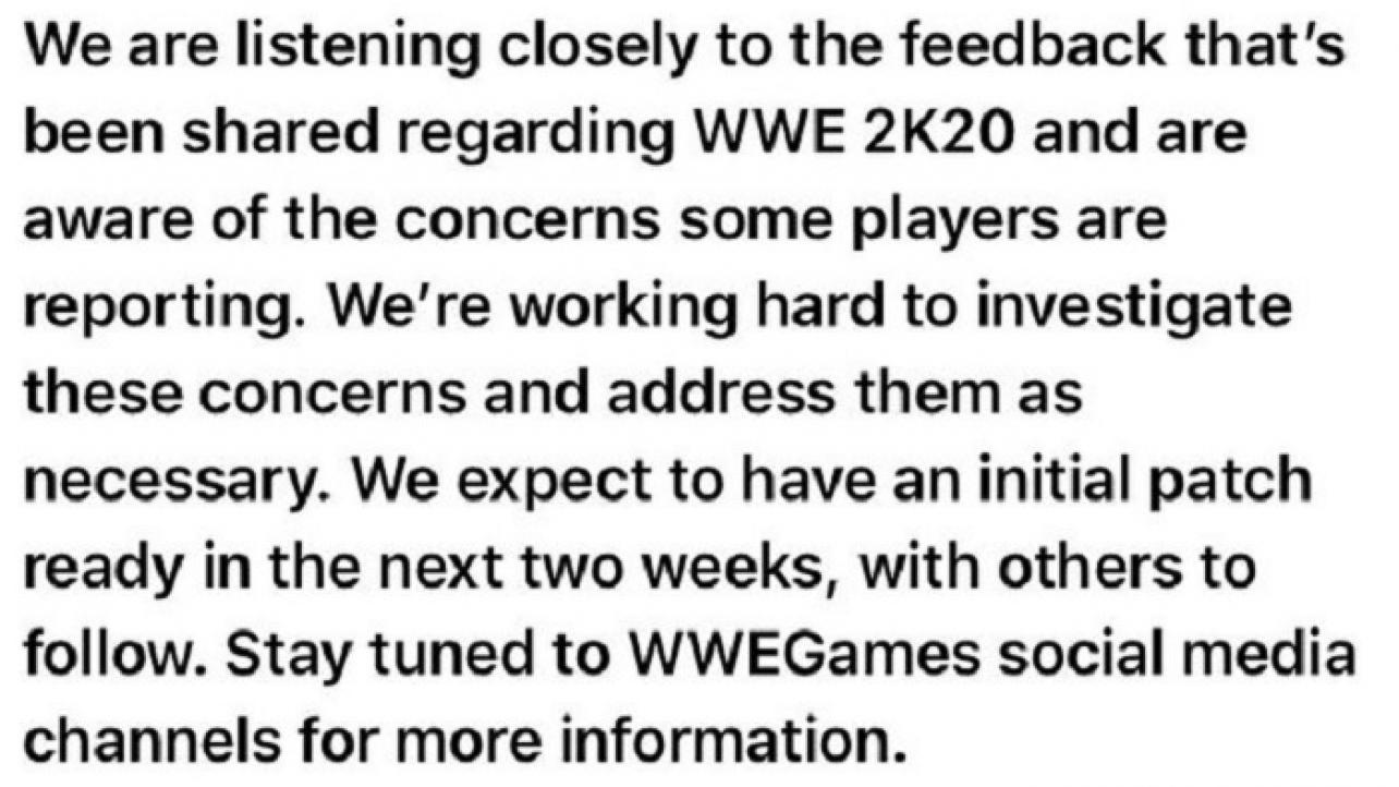 WWE 2K20 Statement From WWE Games Regarding Fan Criticism (10/25/2019)