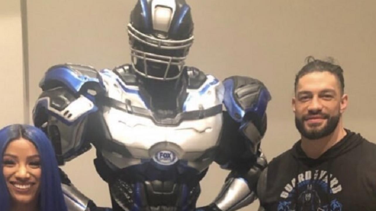 Sasha Banks & Roman Reigns Backstage With FOX Sports Robot Cleatus At NFL Super Bowl LIV Pre-Game Party