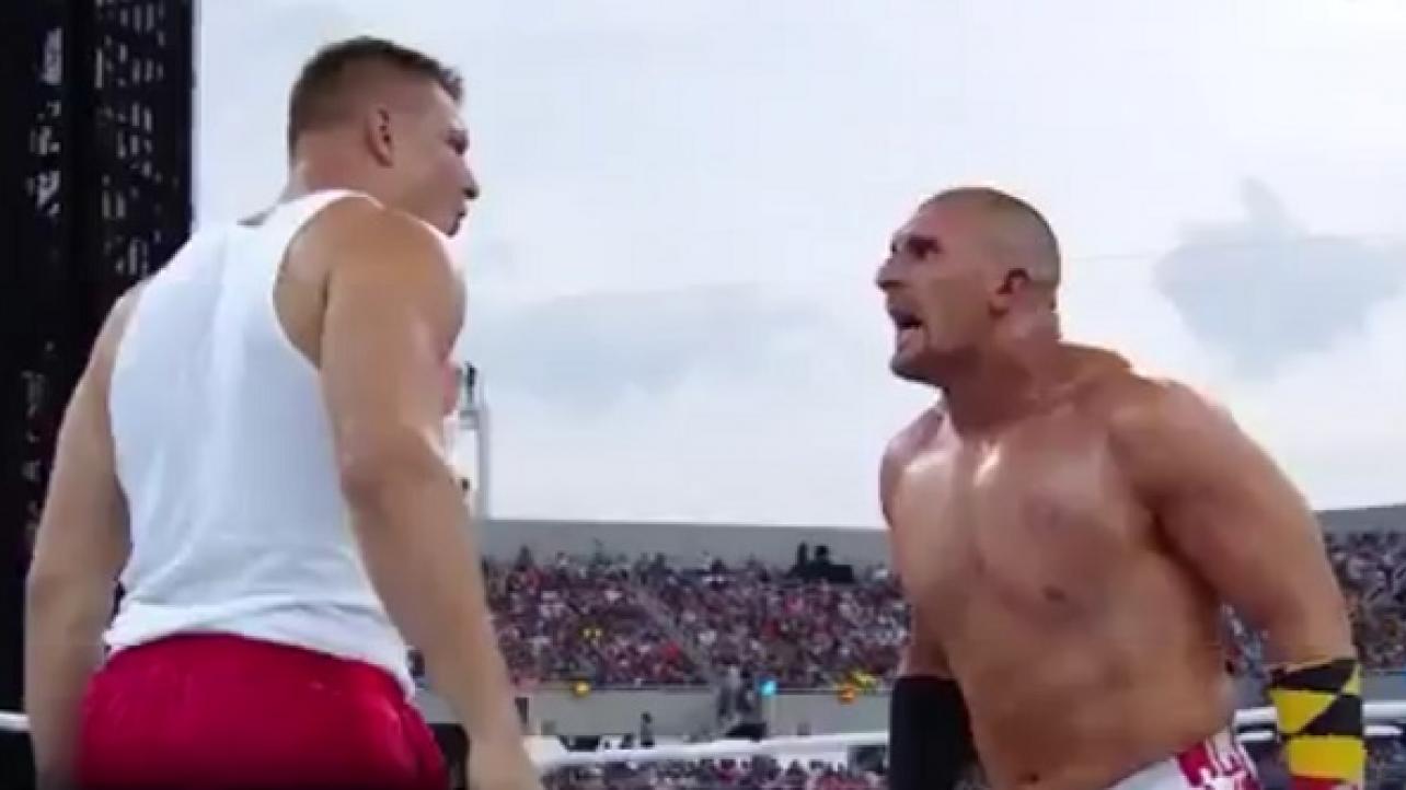 Rob Gronkowski and Mojo Rawley celebrate Andre The Giant Memorial Battle Royal win